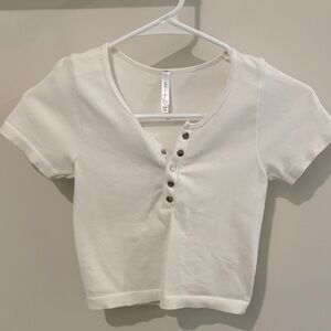 Active USA White Ribbed Henley Crop Top